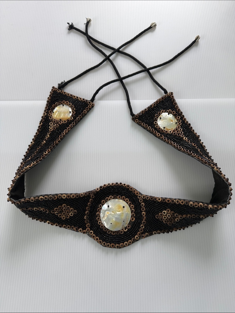 Vintage Beaded Black Belt with Mother-of-Pearl